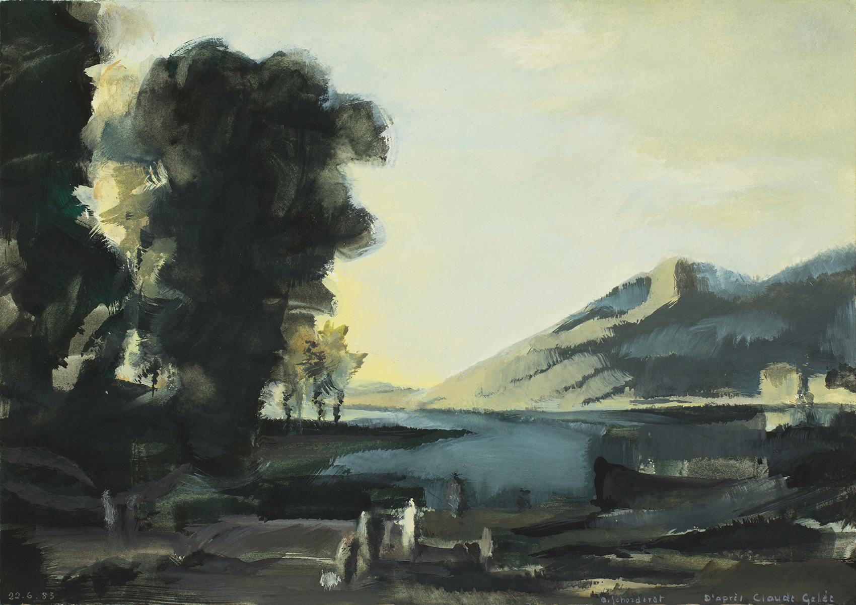 Bschorderet_1983-1-Q_Daprès Claude Gellée dit Le Lorrain, Paysage avec marchands_22.06.83_27.7×39.5_gouache sur papier